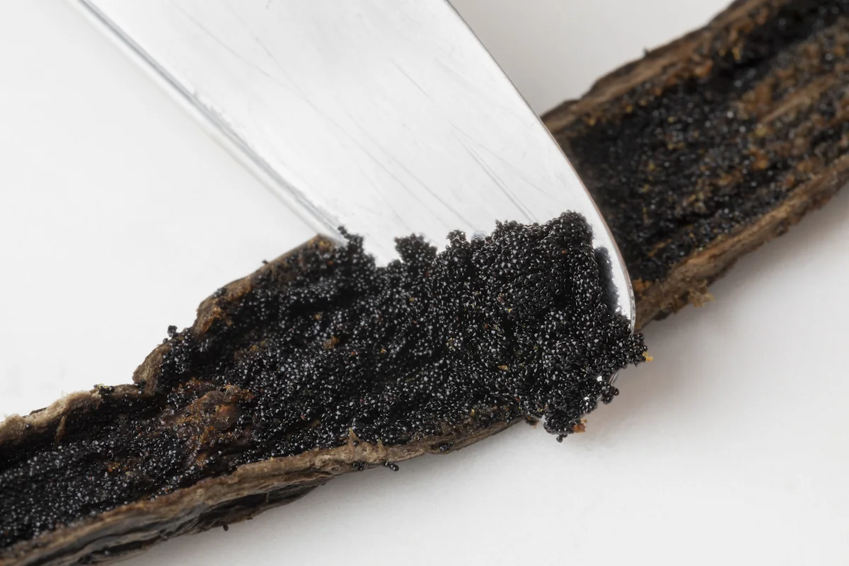 Une personne qui gratte des graines de vanille dans la cuisine