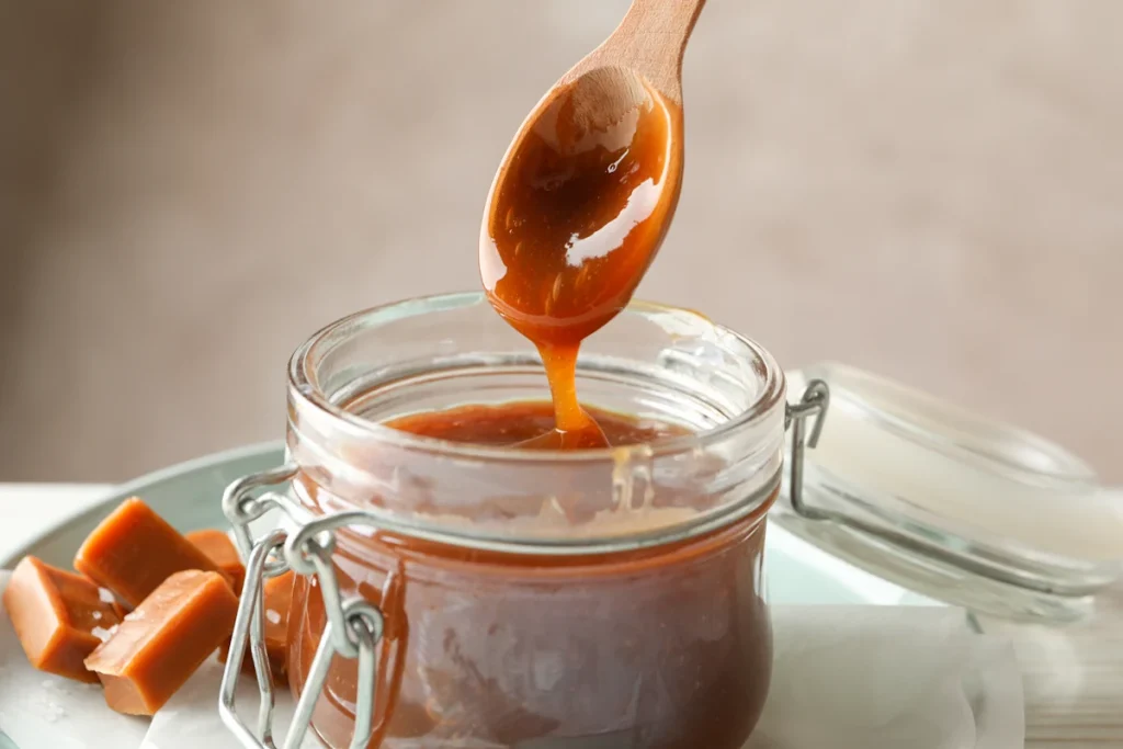 Une personne qui prend du caramel liquide dans un bocal