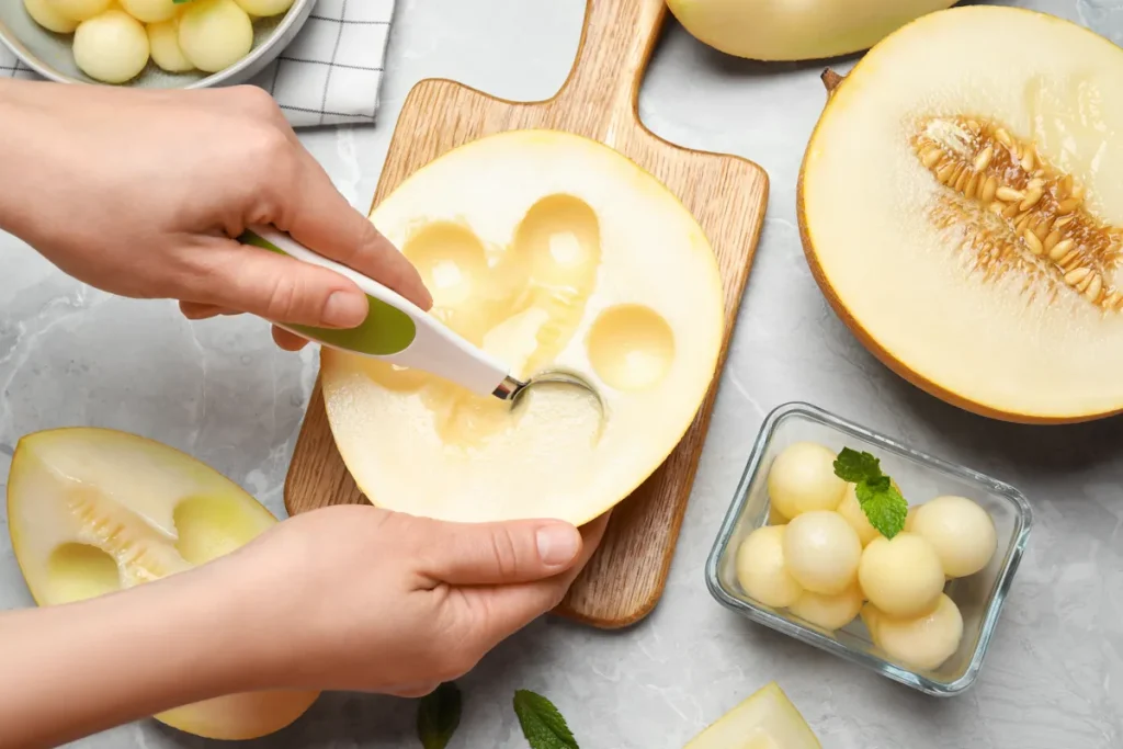 Une personne qui fait des billes de melon