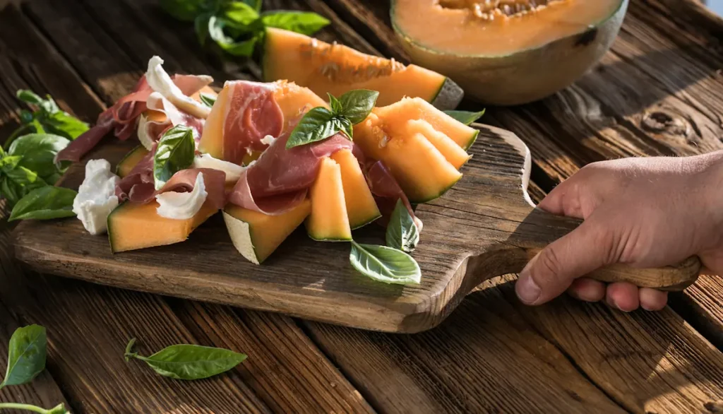 Une personne qui sert du melon et des jambons crus sur un plateau en bois