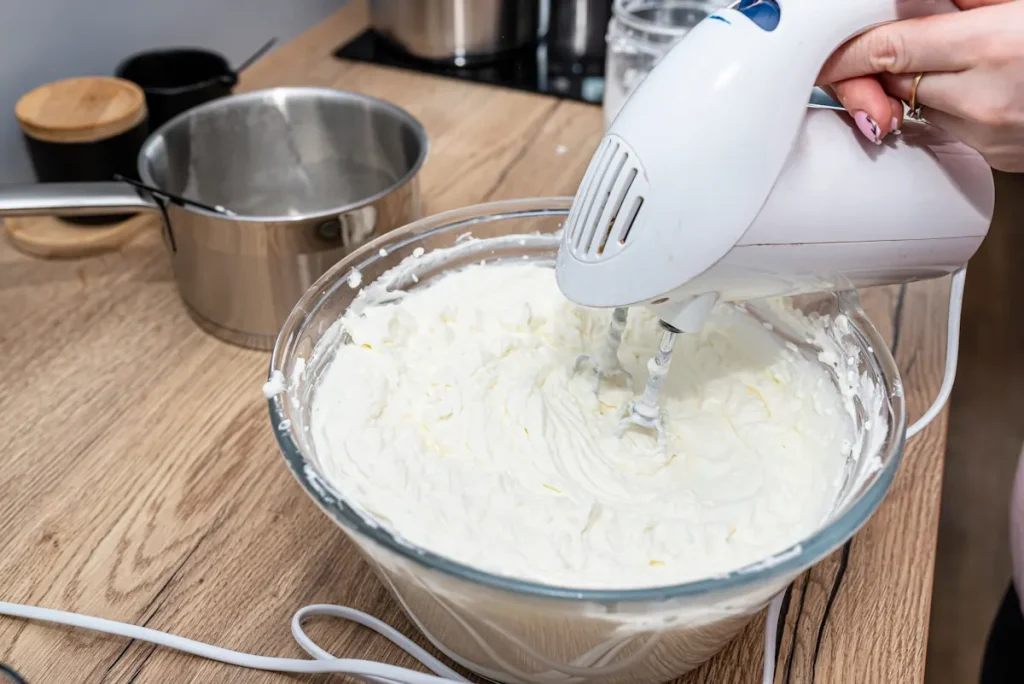 Une personne qui fait monter une chantilly