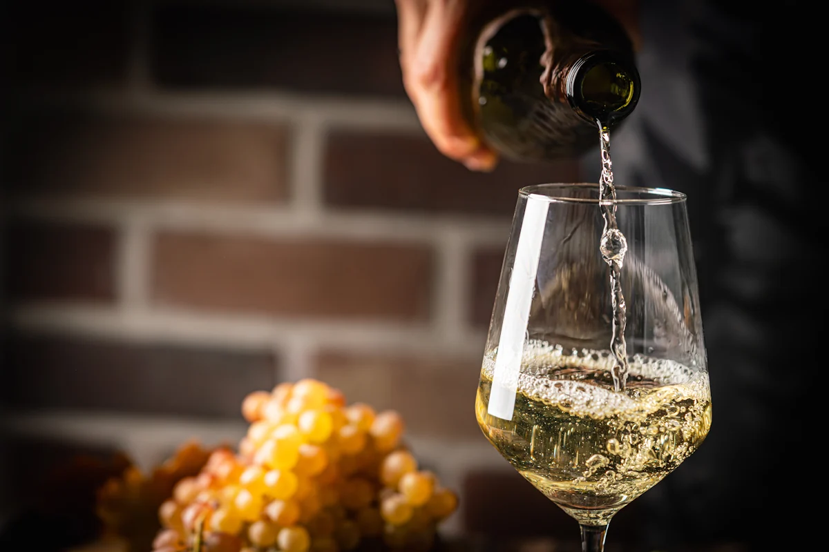 une personne qui sert du vin blanc sec et vif